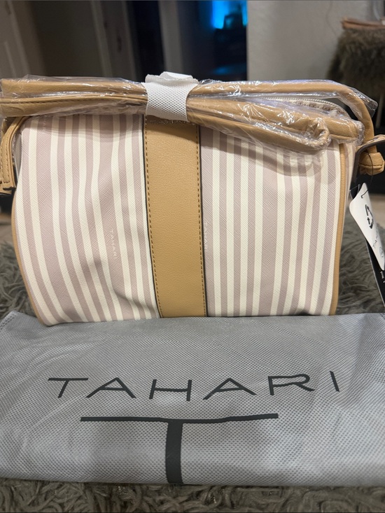 Tahari Handbags - Tahari Striped Crossbody in Beige and Cream with Tan Trim